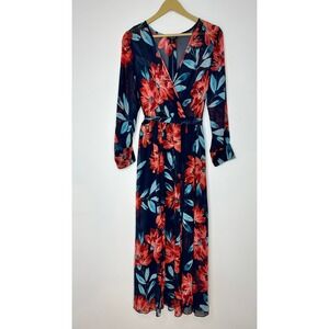 Alexa B Nites Navy Blue Floral Metallic Foil Long Sleeve Maxi Dress Mens Size 12